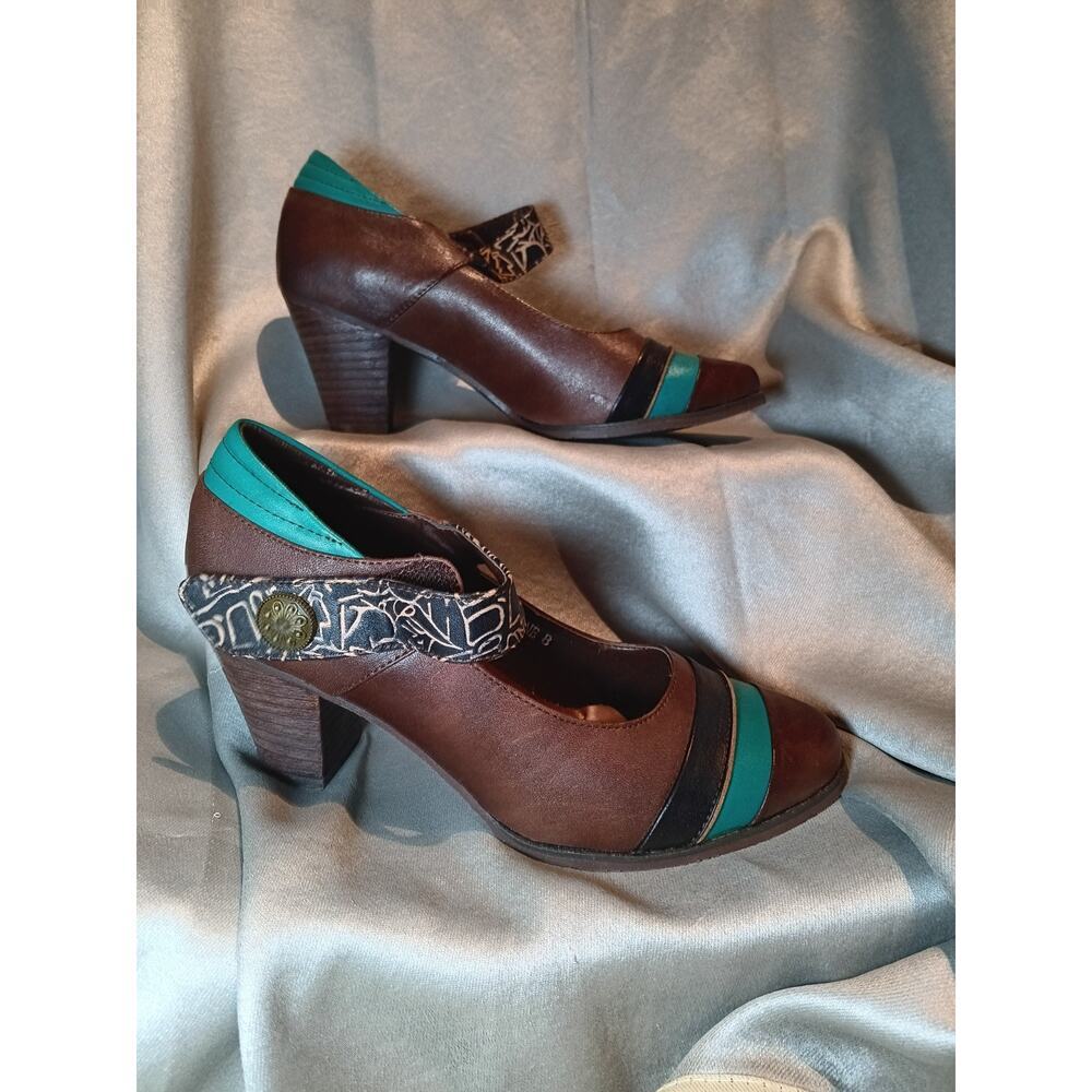Vtg Mary Jane Corkys Elite Retro Heels 8 NIB Brown Leather Classic Spectator NOS - Picture 5 of 7